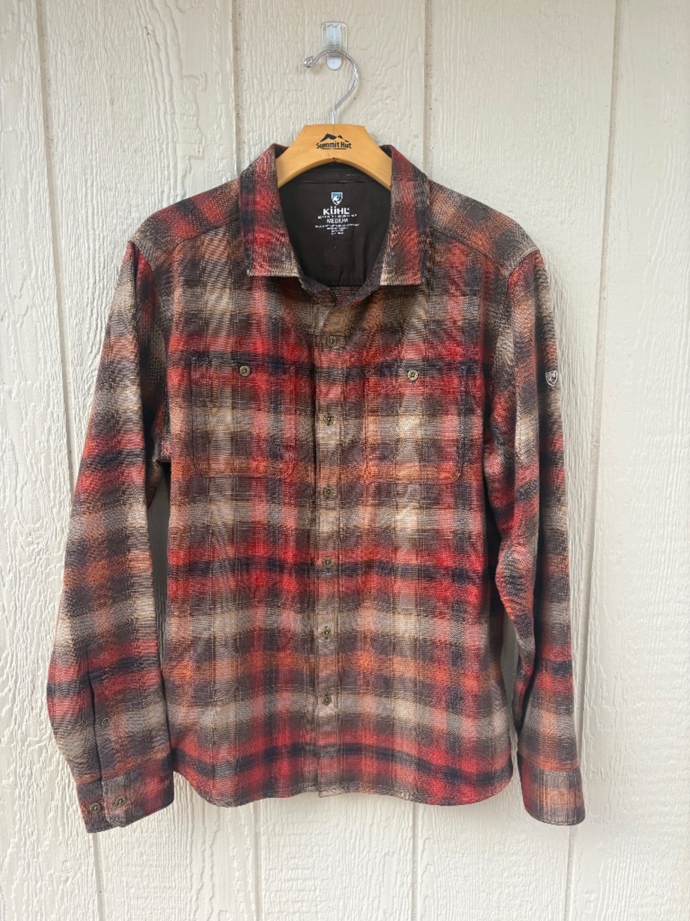 Kuhl The Law Flannel Shirt Men's Medium Red Brown Plaid Outdoor Fall Gorpcore